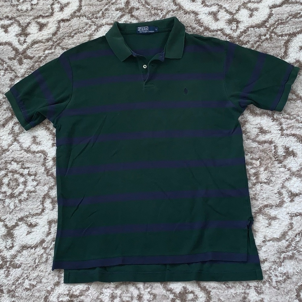Ralph Lauren polo shirt, hunter green with navy stripes. Size L.